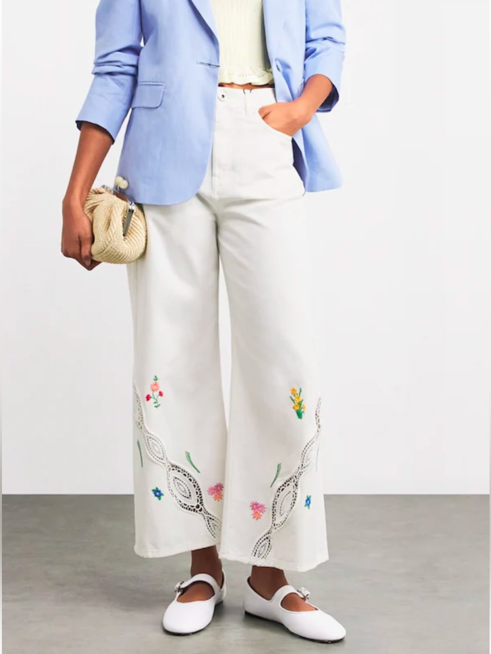 Weekend Max Mara “LORD” White Embroidered Wide-Leg Trousers Jeans | NWT